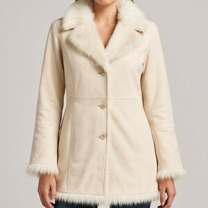 Women’s Winter White Faux Suede Coat Jacket Faux Fur Trim Boho Y2K 90s Style Med
